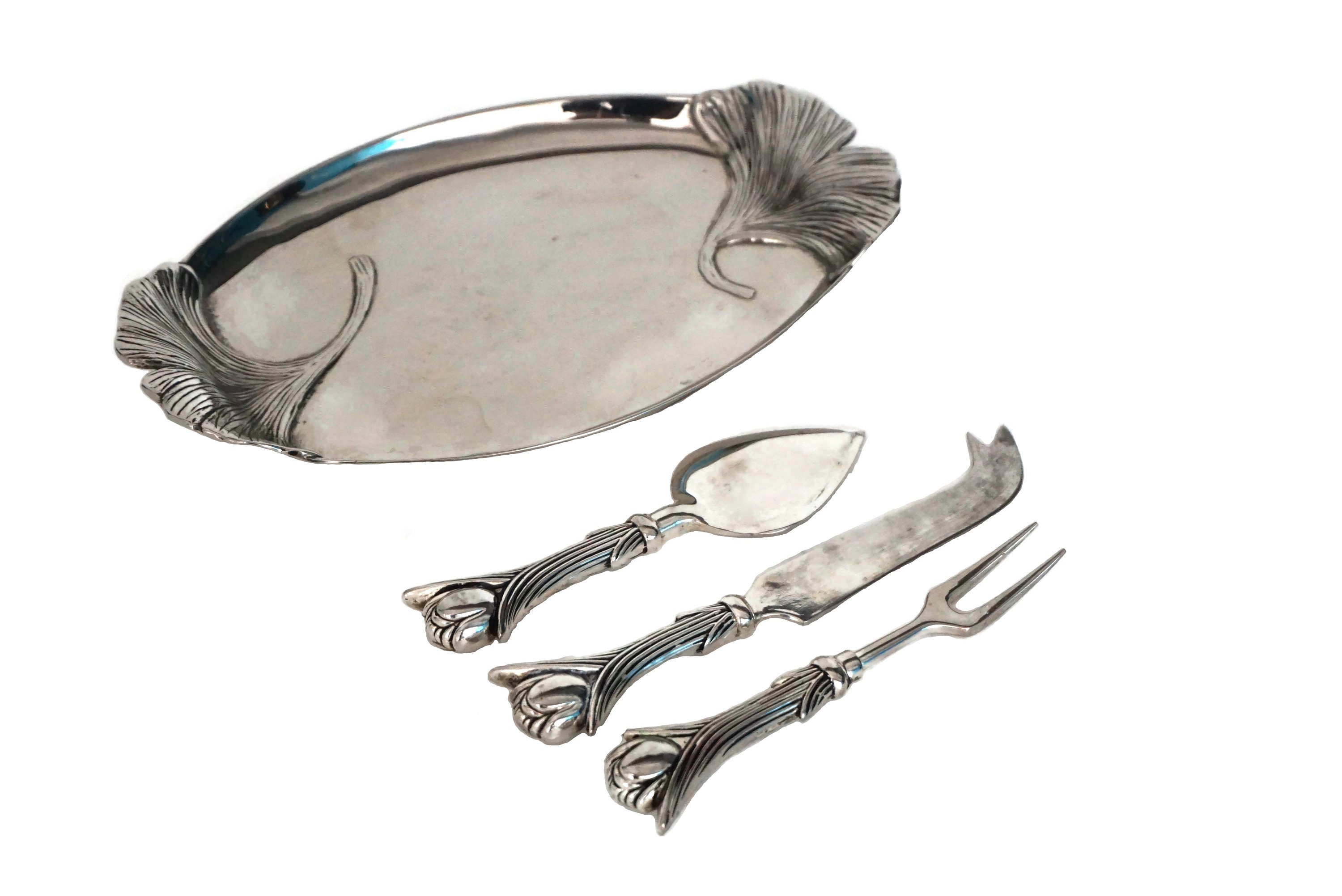 Set de Service Au Fromage Français Vintage avec Couteau, Fourchette et Plateau Feuille Ginkgo