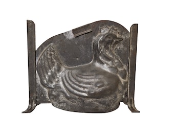French Hen Chocolate Mold with Stand, Rustic Metal Chicken Kitchen Decor