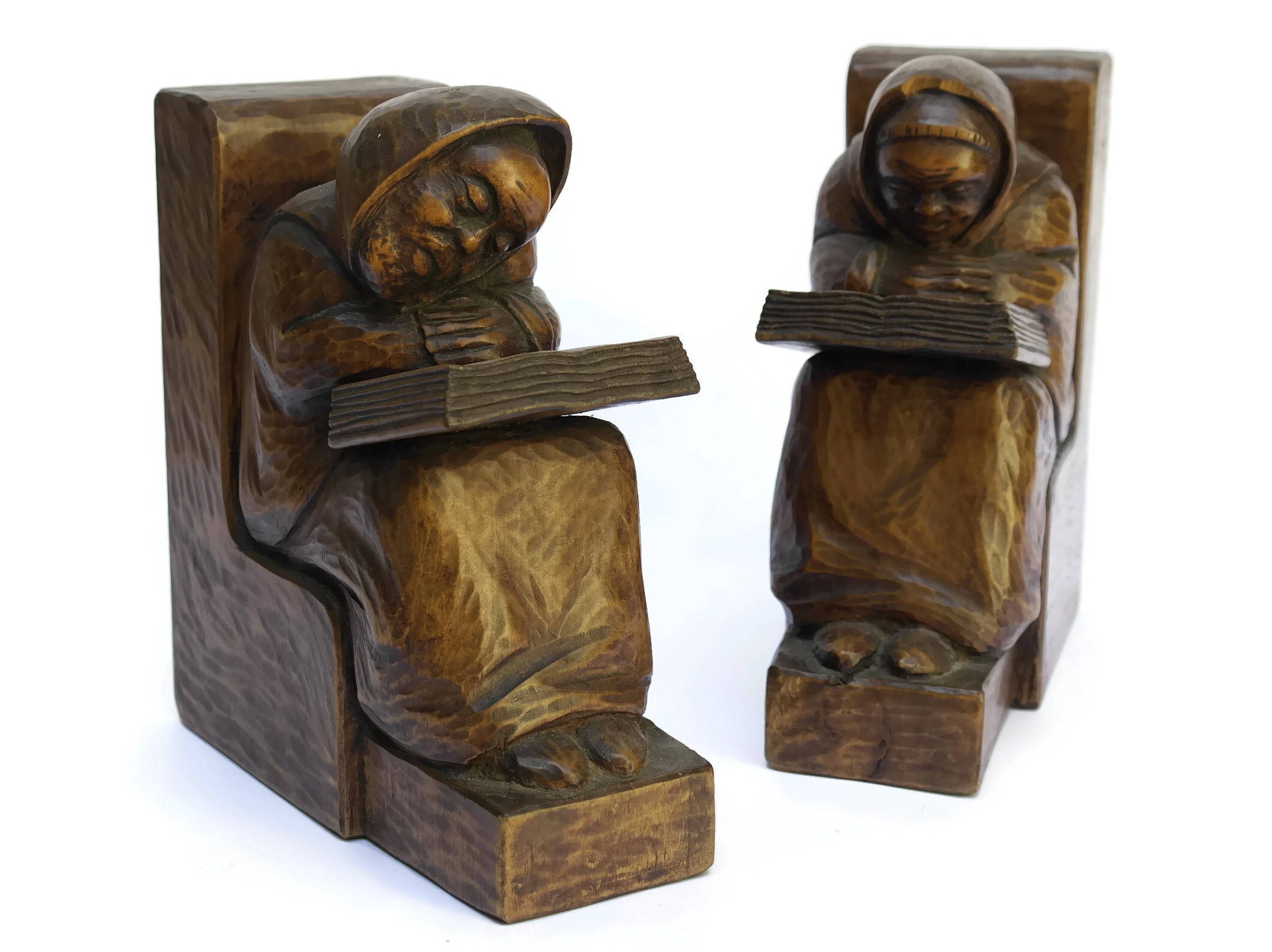 Carved Wood Reading Monks Bookends by H Rozier. Wooden Sculpture Monk