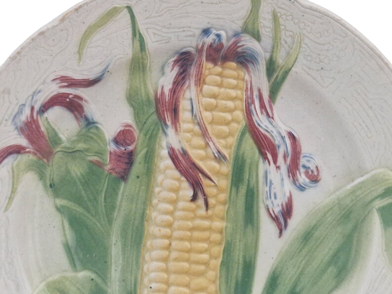French Antique Majolica Plate with Corn Cob by Keller & Guerin St Clement, Ceramic Kitchen Wall Hanging Decor image 6