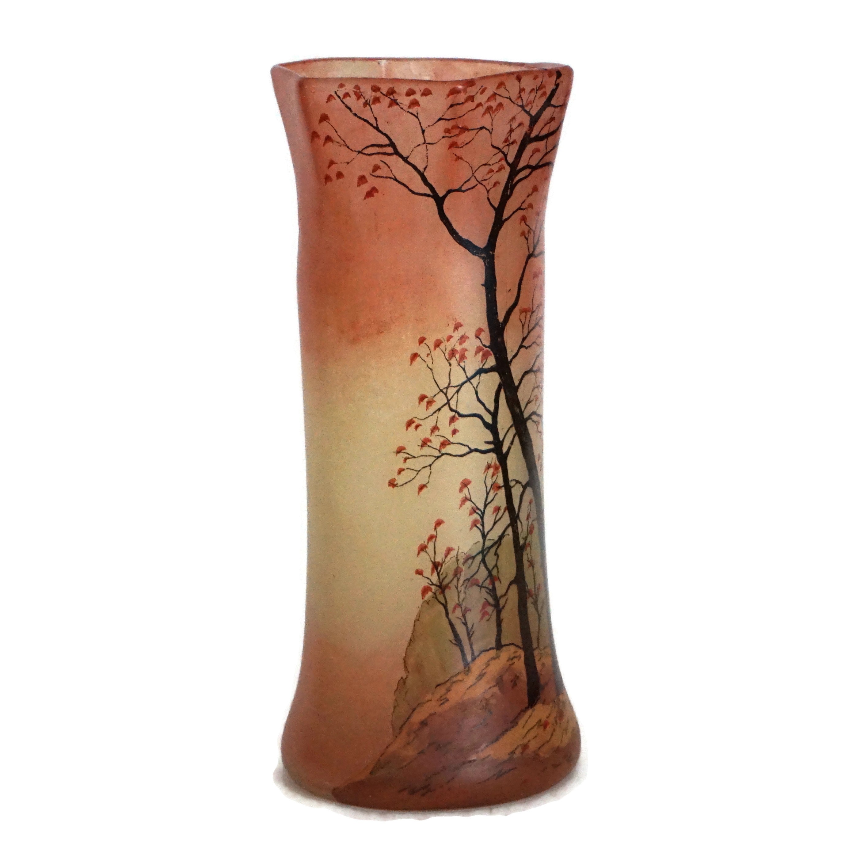Hand Painted Art Glass Vase with Trees, Antique French