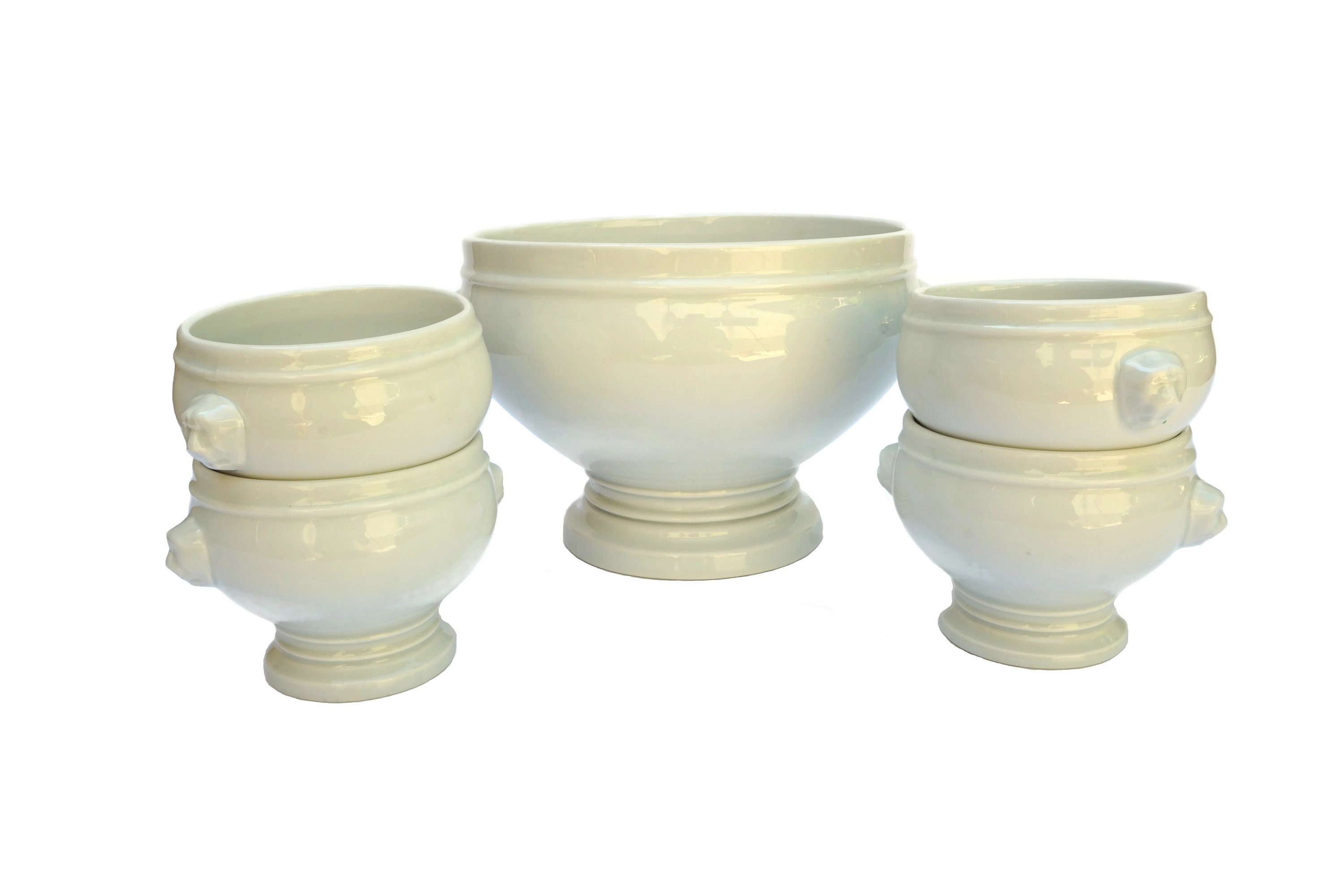 French Onion Soup Tureen Set, Pillivuyt Porcelain Lion Head Bowls
