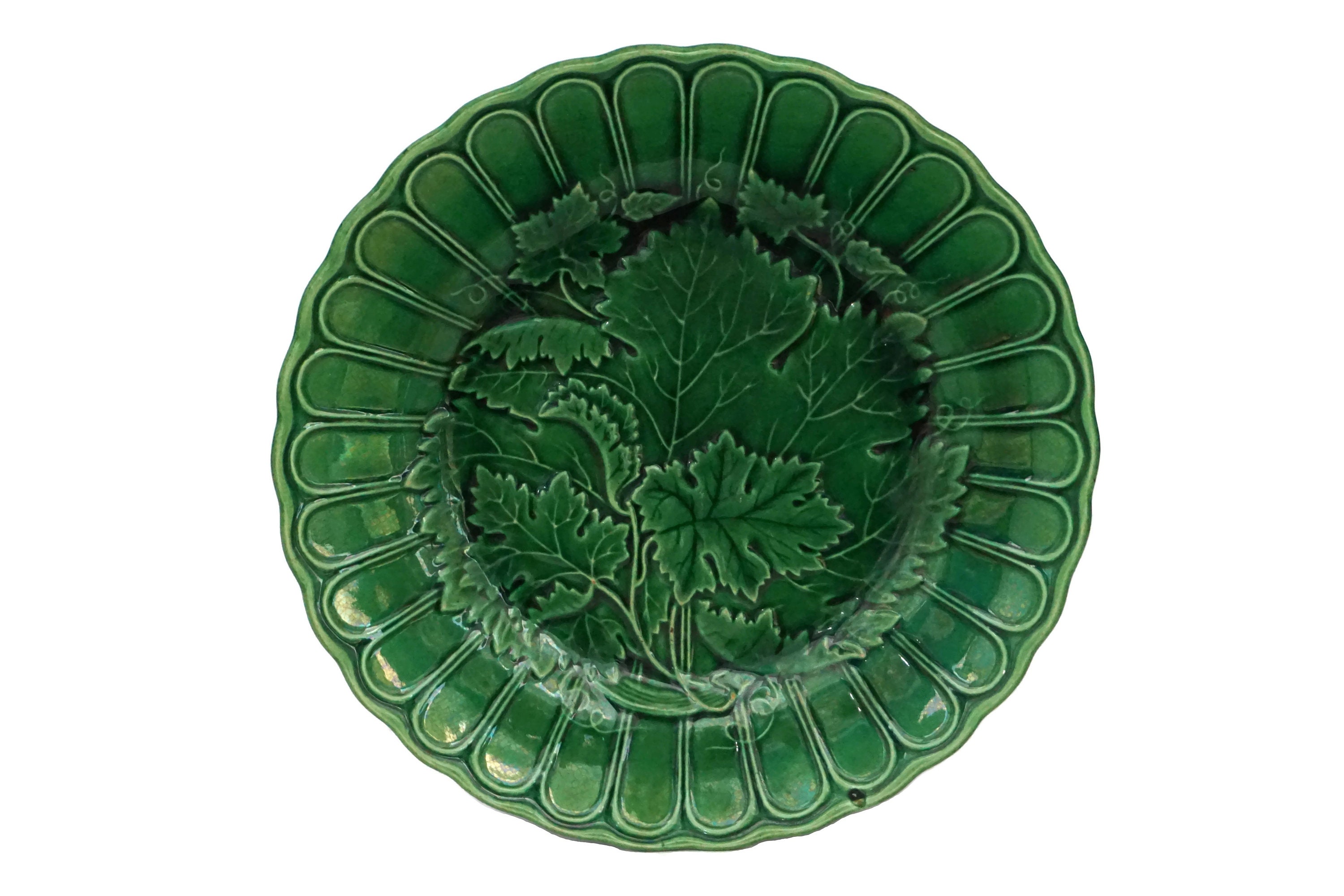 Green Majolica Plate Set of 4, Antique French Grape Vine Leaf Plates
