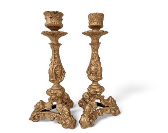 Antique French Cherub and Demon Head Candle Holders, Pair of 19th Century Gothic Candlesticks