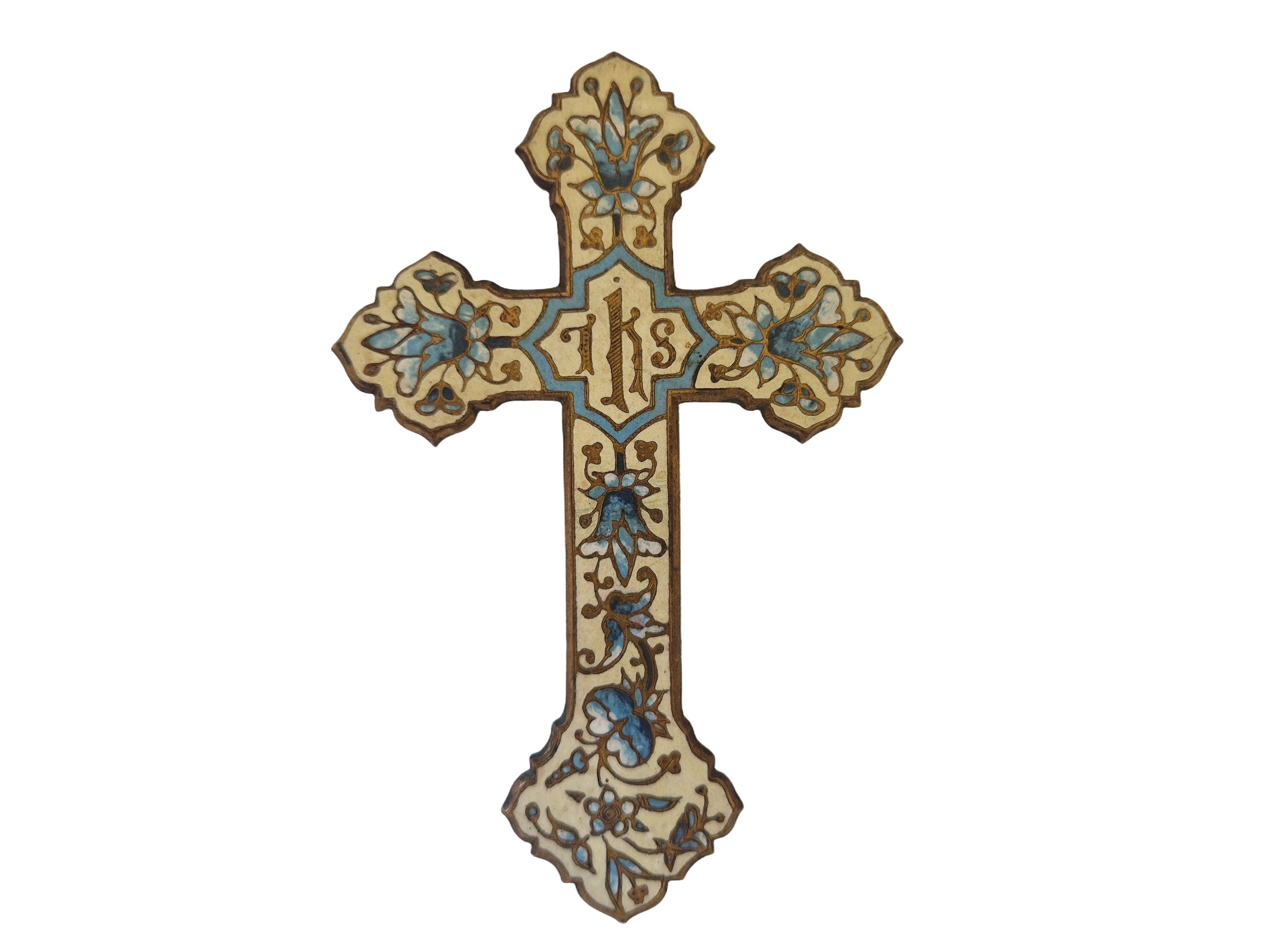 French Antique Enamel Cross with Flowers and IHS Christogram