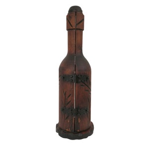 Carved Wood Secret Wine Bottle Box, Mid Century Barware Gift