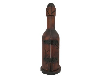 Carved Wood Secret Wine Bottle Box, Mid Century Barware Gift