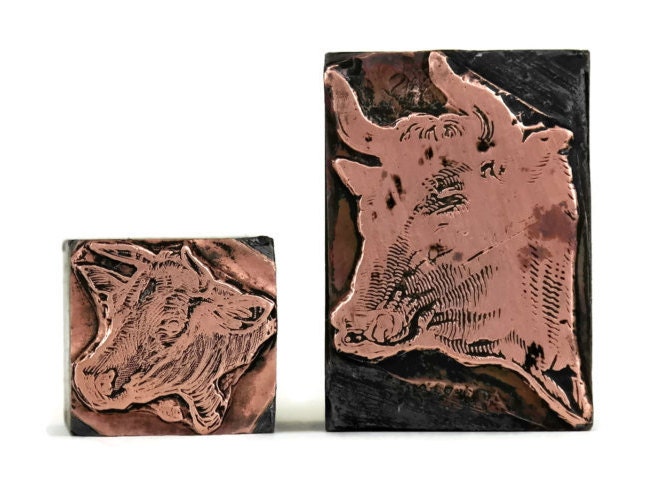Copper Letterpress Block Stamps With Steers, Antique French Bull Printing Stamps, Set of 2