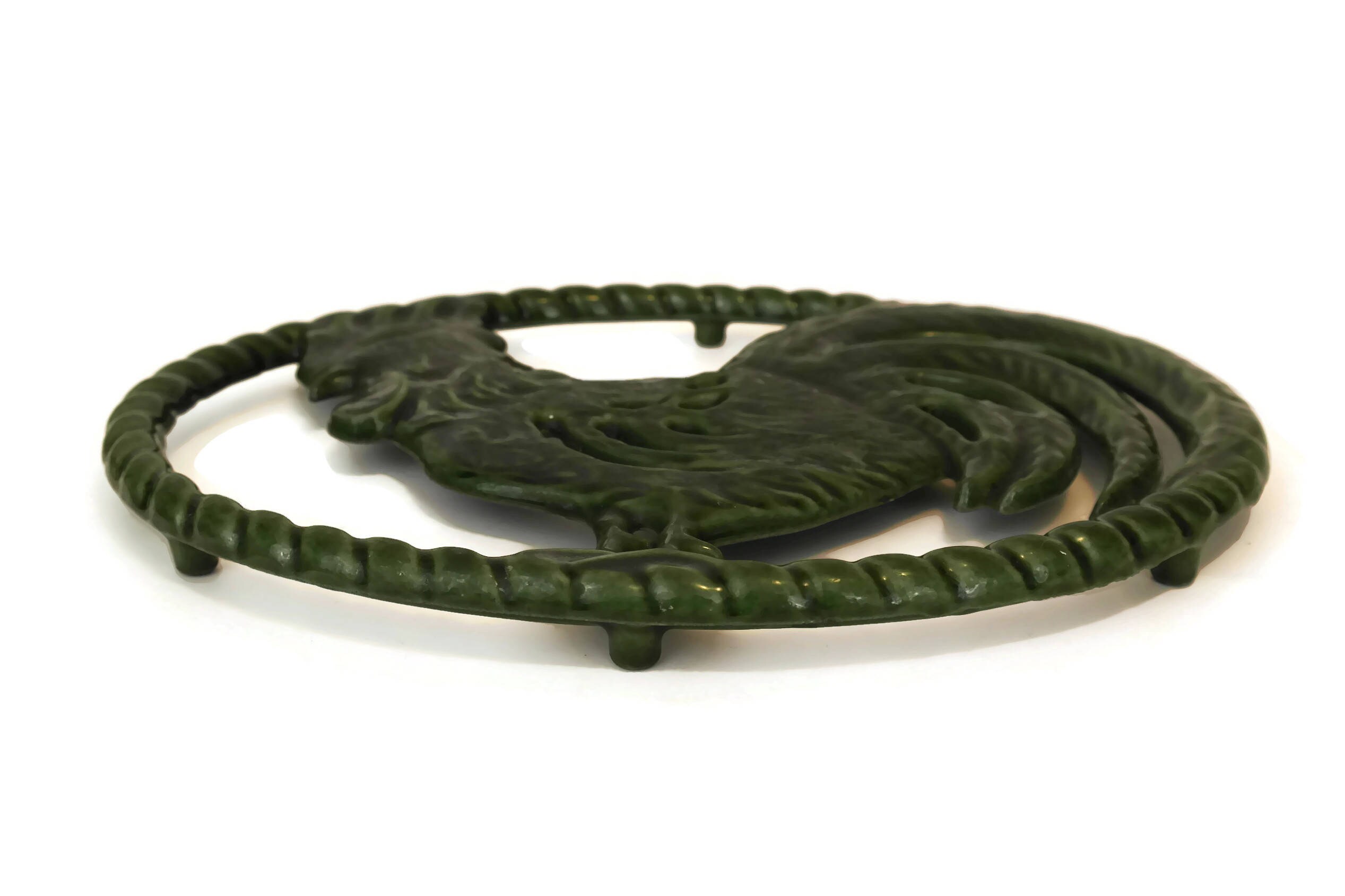 French Enamel Rooster Trivet. Vintage Pot Rest. Country Cottage Green