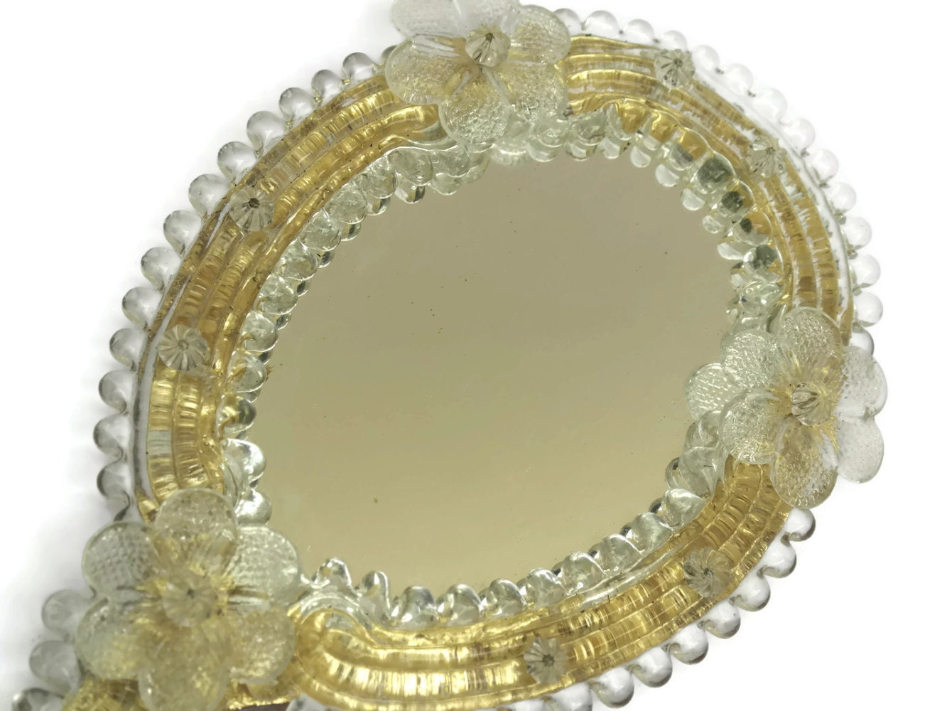 Glass Vanity Mirror. Vintage Murano Glass Hand Mirror. Glass