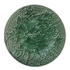 French Green Majolica Plate with Grape Vine Leaf and Basket Weave Pattern by GIEN image 3