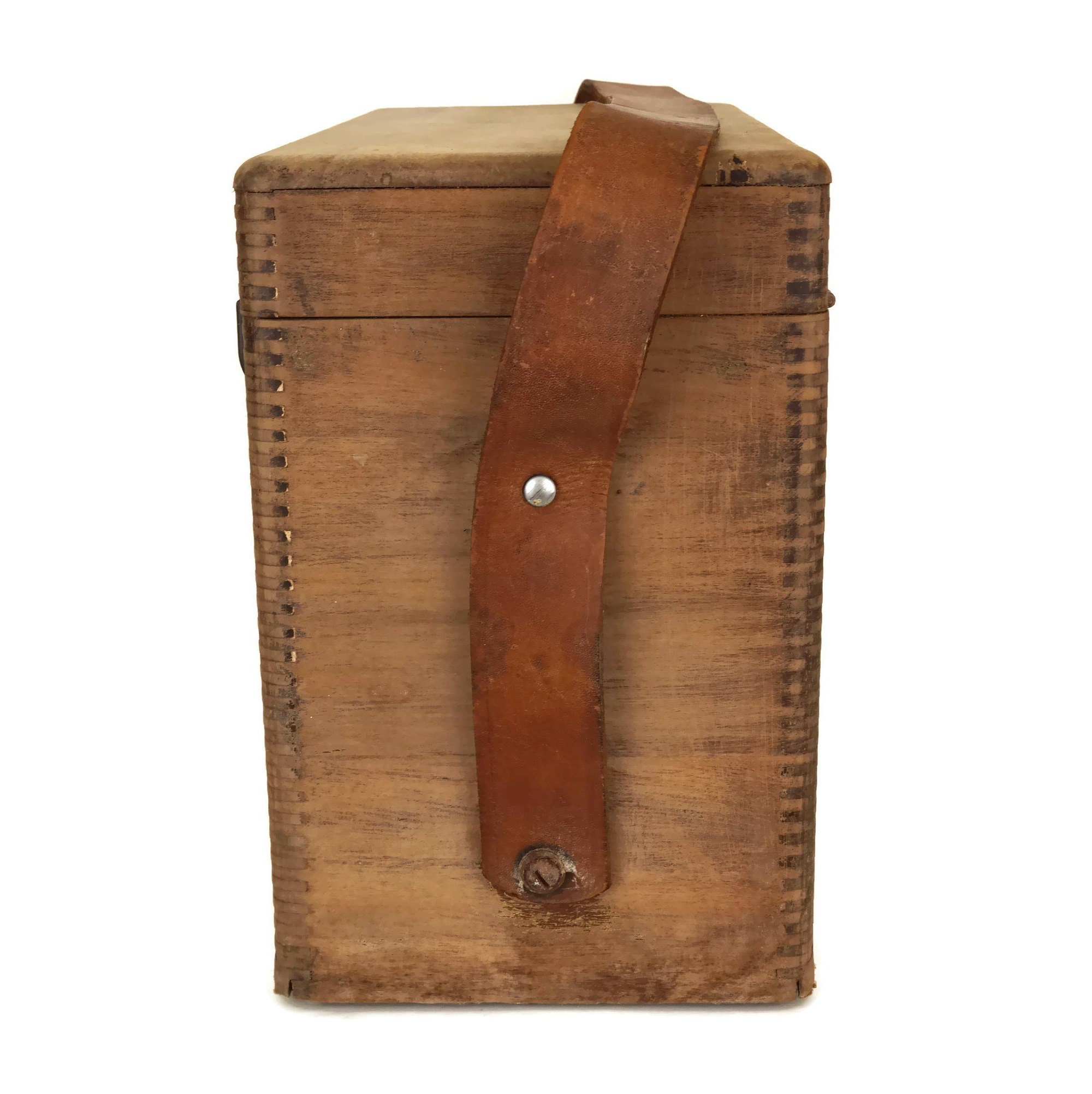 Wooden Tool Box with Leather Strap and Lid