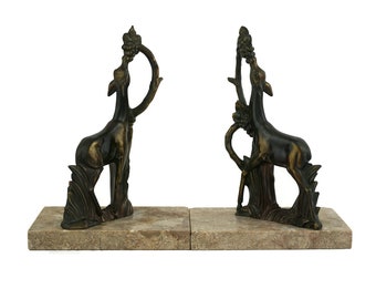 Art Deco Giraffe Figurine Bookends, Pair of French Vintage Animal Statue Book Ends