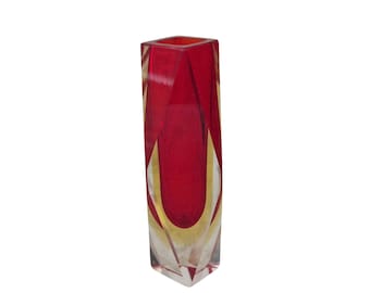 Vase en verre à facettes Sommerso Murano rouge, Mandruzzato 2 couches porte-fleurs en verre à 2 couches