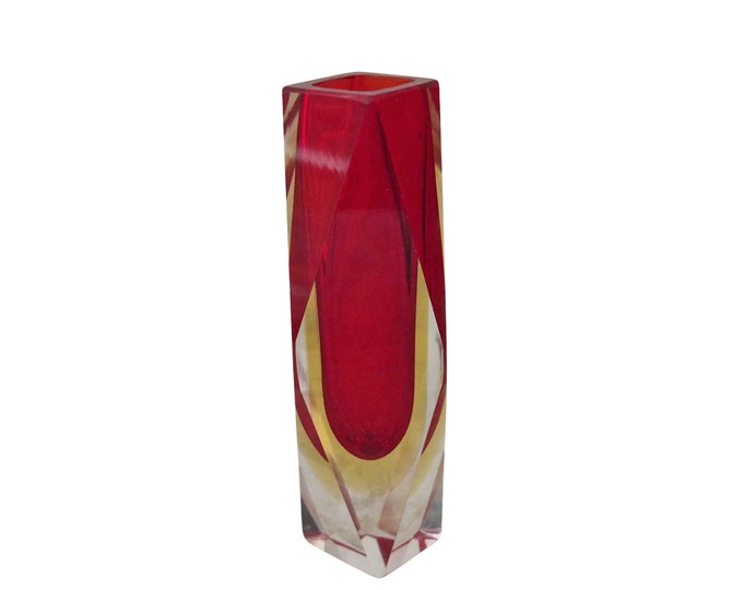 Red Sommerso Murano Faceted Glass Vase, Mid Century Mandruzzato 2 Layer Glass Flower Holder