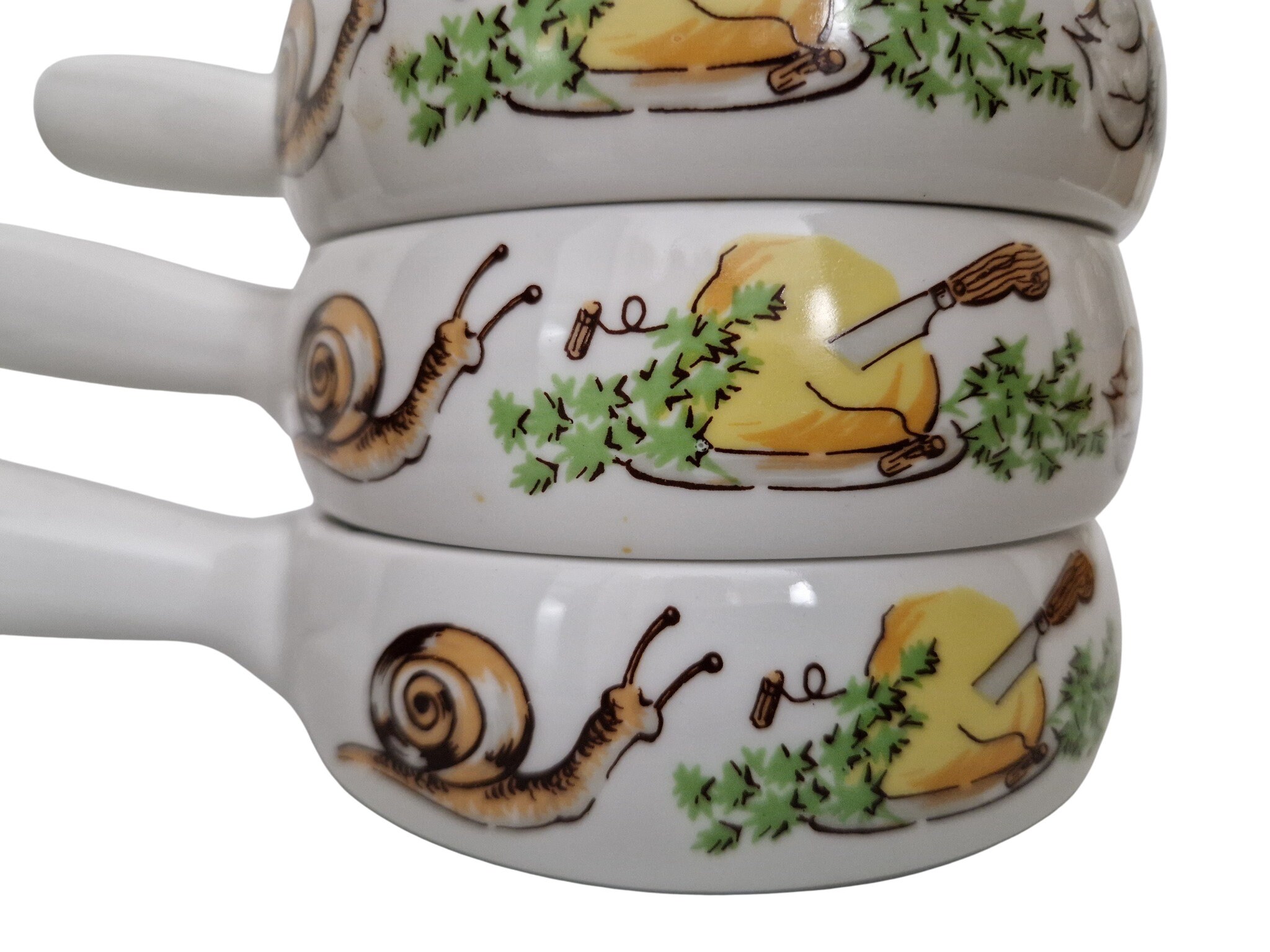 French Ceramic Snail Dishes with Handles, Set of 3, Porcelain Escargot