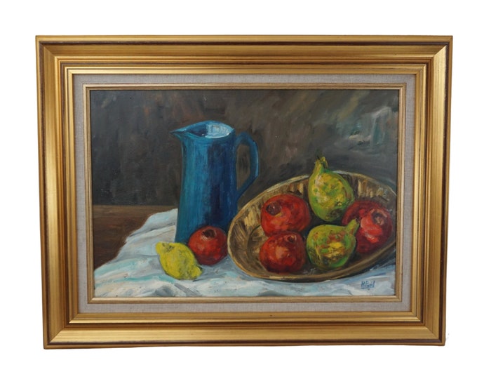 French Impressionist Still Life Painting with Fruit and Pitcher, Framed Kitchen Wall Art
