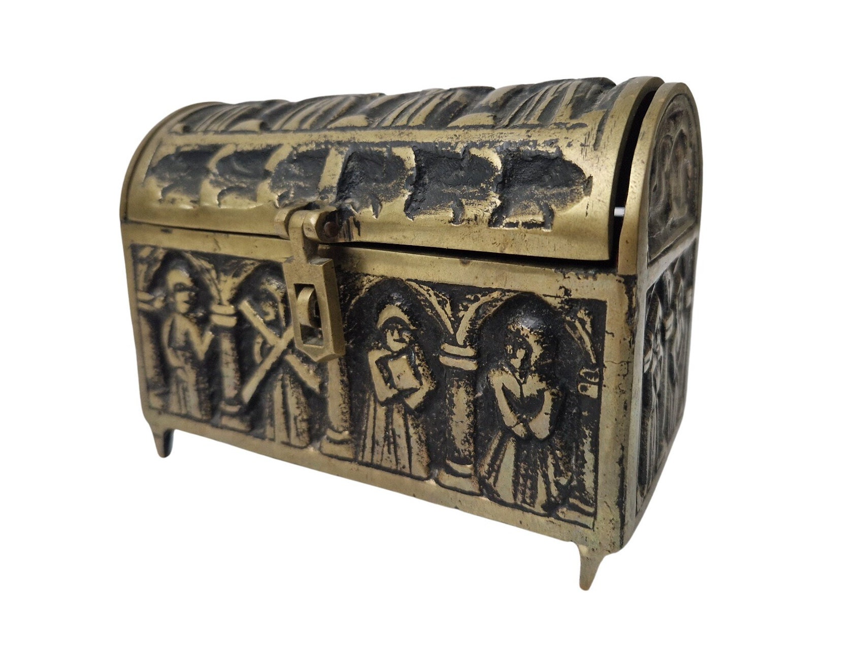 French Brass Gothic Jewelry Chest, Medieval Style Casket with Monks