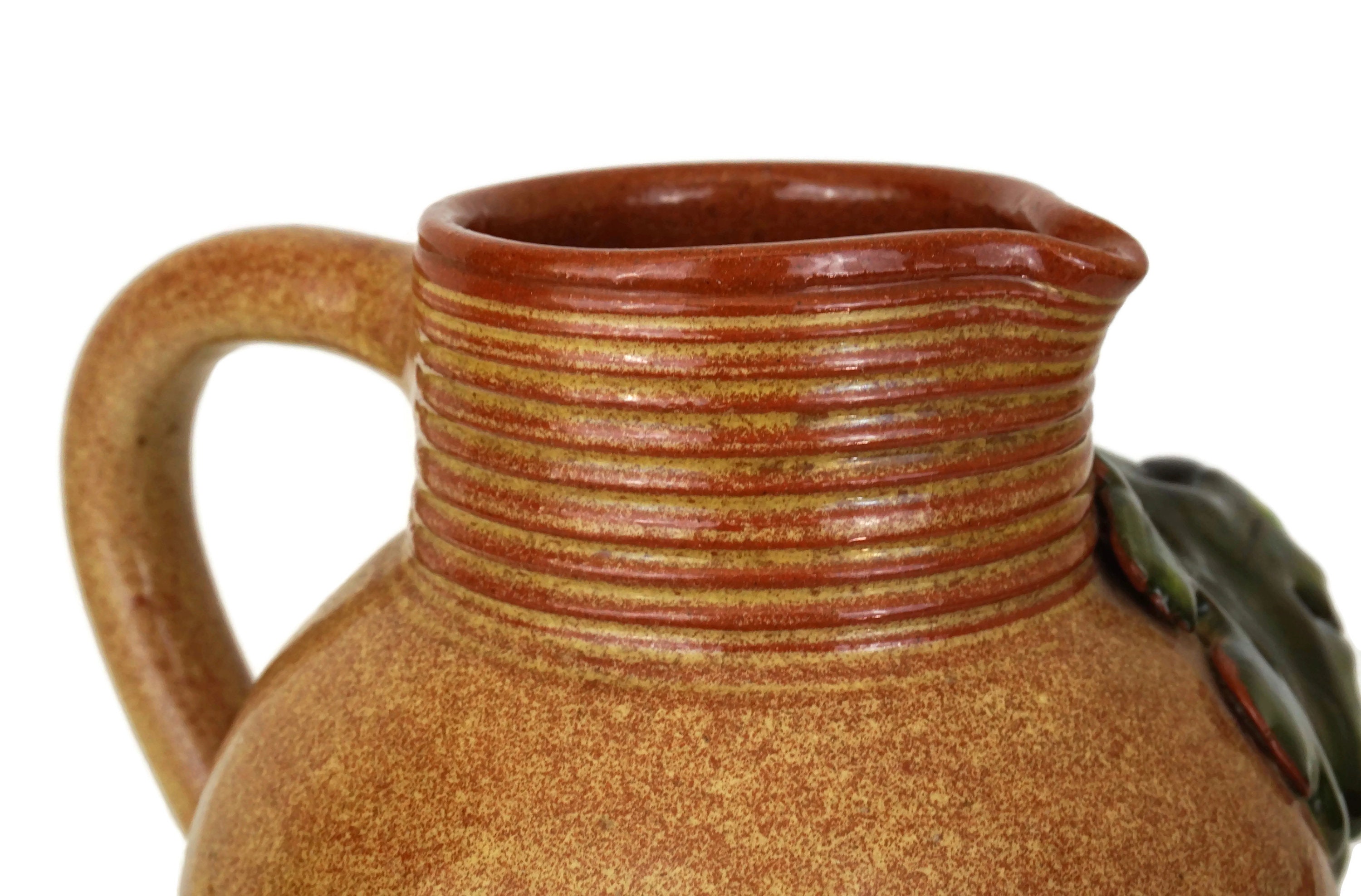 Vintage French Pottery Wine Pitcher, Rustic Jug with Vine Leaves and