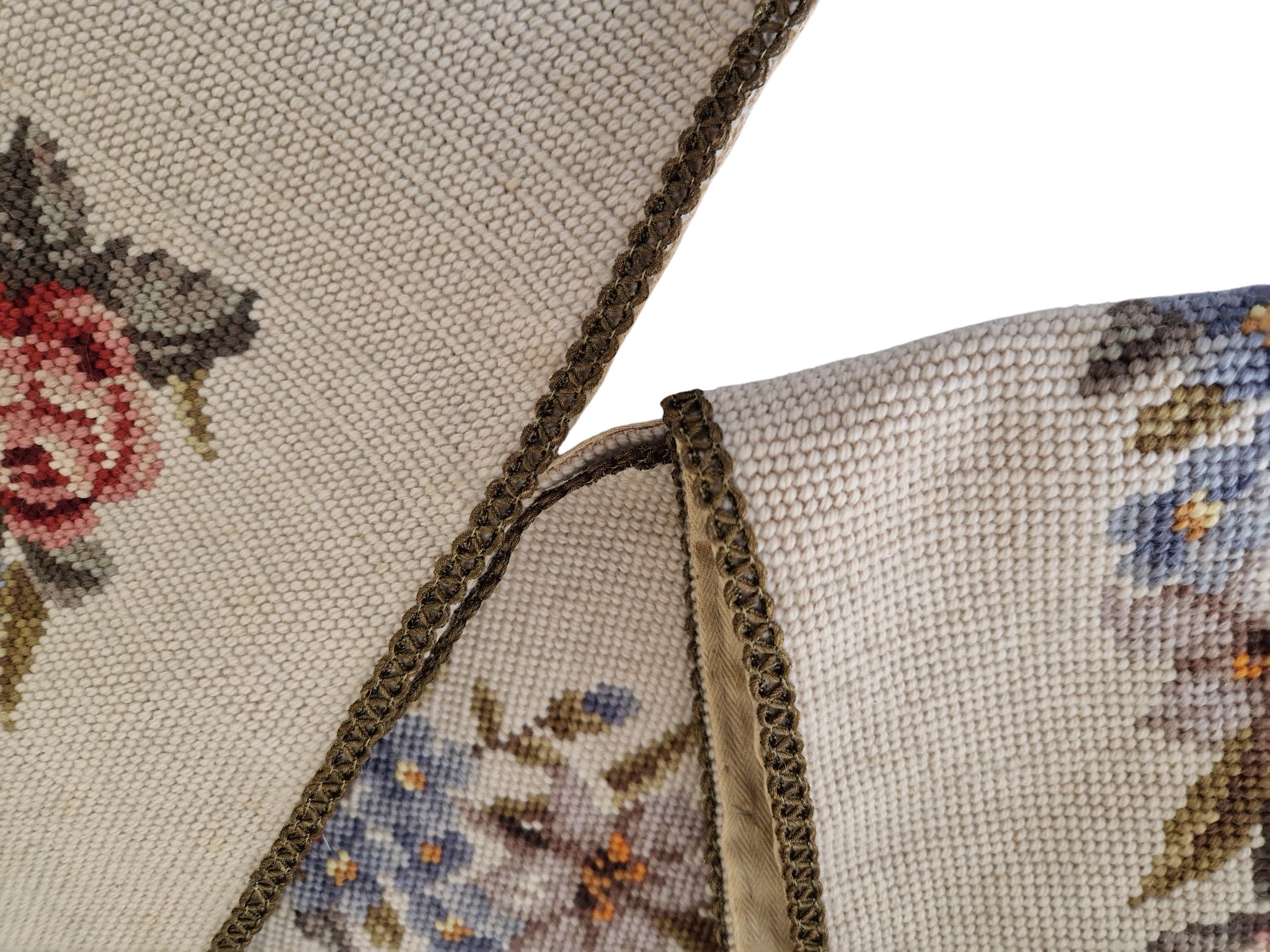 French Rose Tapestry Bell Pull, Vintage Needlework Flower Wall Hanging