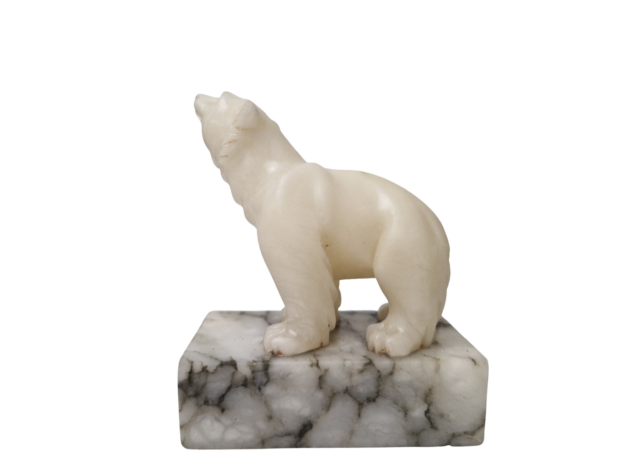 Art Deco Marble Polar Bear Figurines, Set of 2, Carved Stone Animal Statuettes