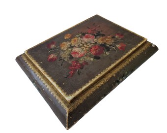 Hand Painted Florentine Jewelry Box with Flowers, Vintage Italian Wood Trinket Box