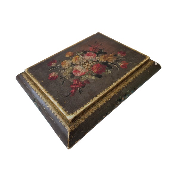 Hand Painted Florentine Jewelry Box with Flowers,… - image 1