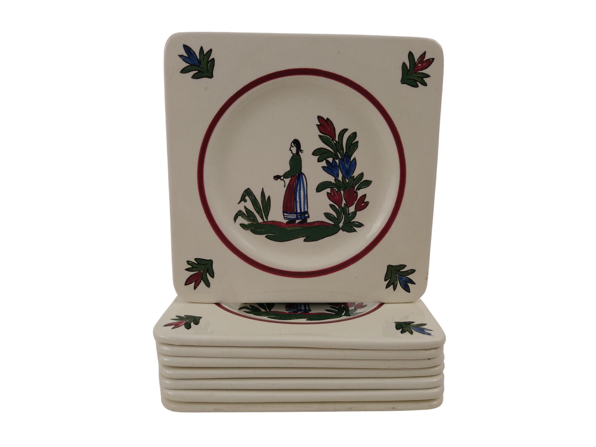 Français Quimper Cocktail et Assiettes de Fromage Par Gien, Lot 8, Céramique Bretonne Peinte à La Ma