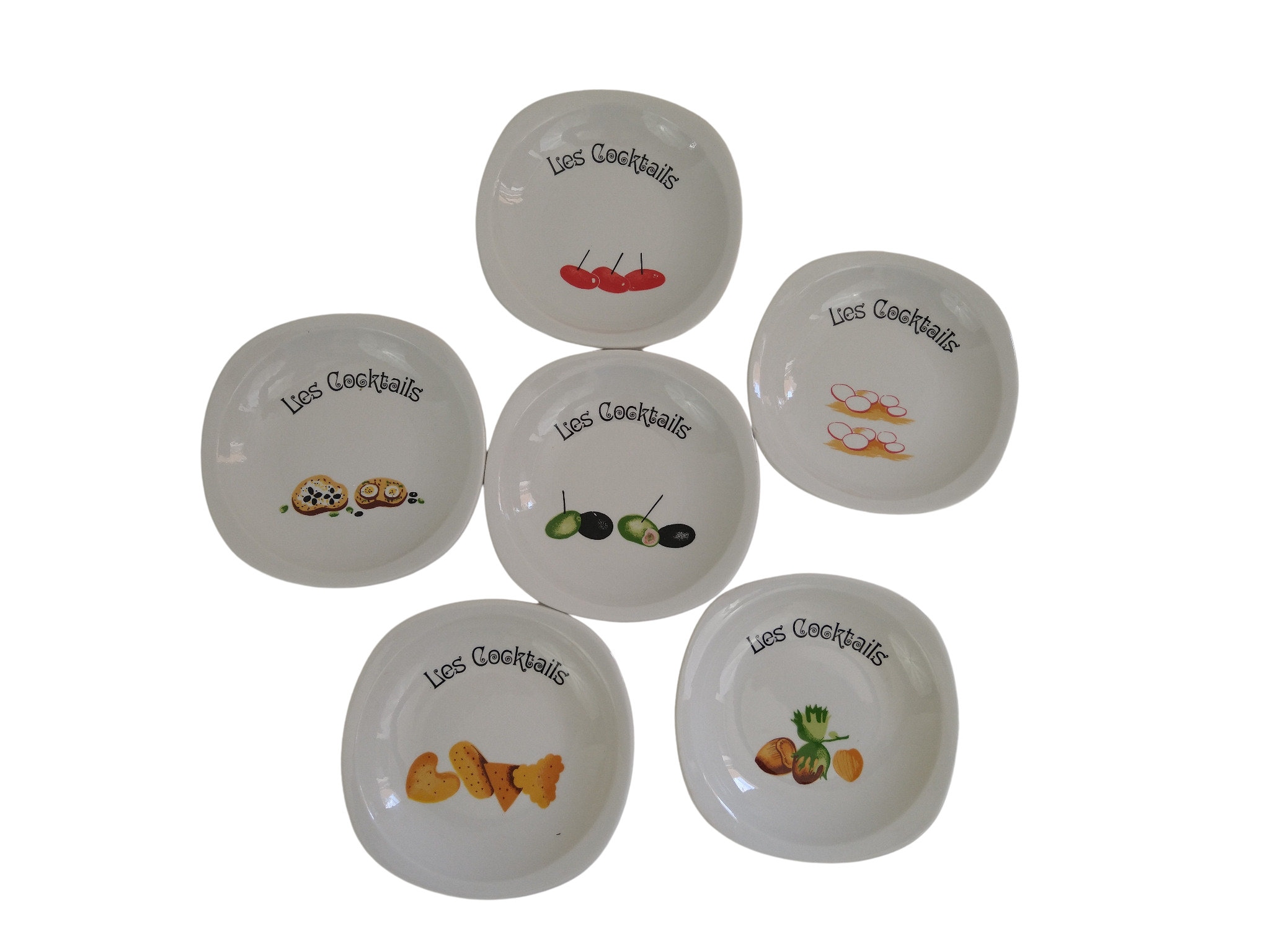 French Porcelain Cocktail Party Plates Set of 6, Ceramic Aperitif Canape Bowls, Olive and Nut Dishes