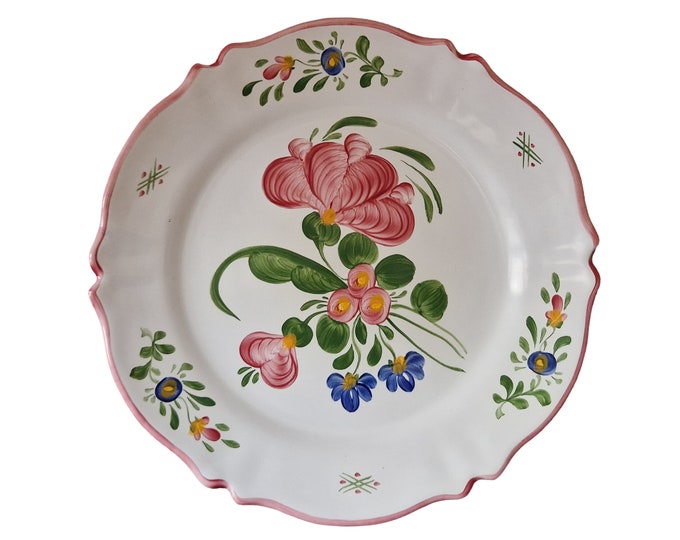 Hand Painted French Faience Wall Plate with Folk Art Flowers by Roullet Renoleau, Chic and Romantic Shabby Home Decor