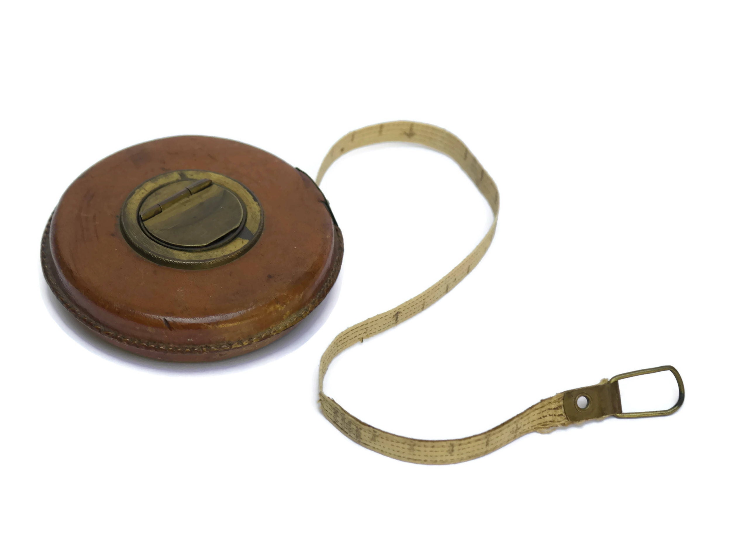 Antique Retractable Metric Tape Measure with Brown Leather Case and