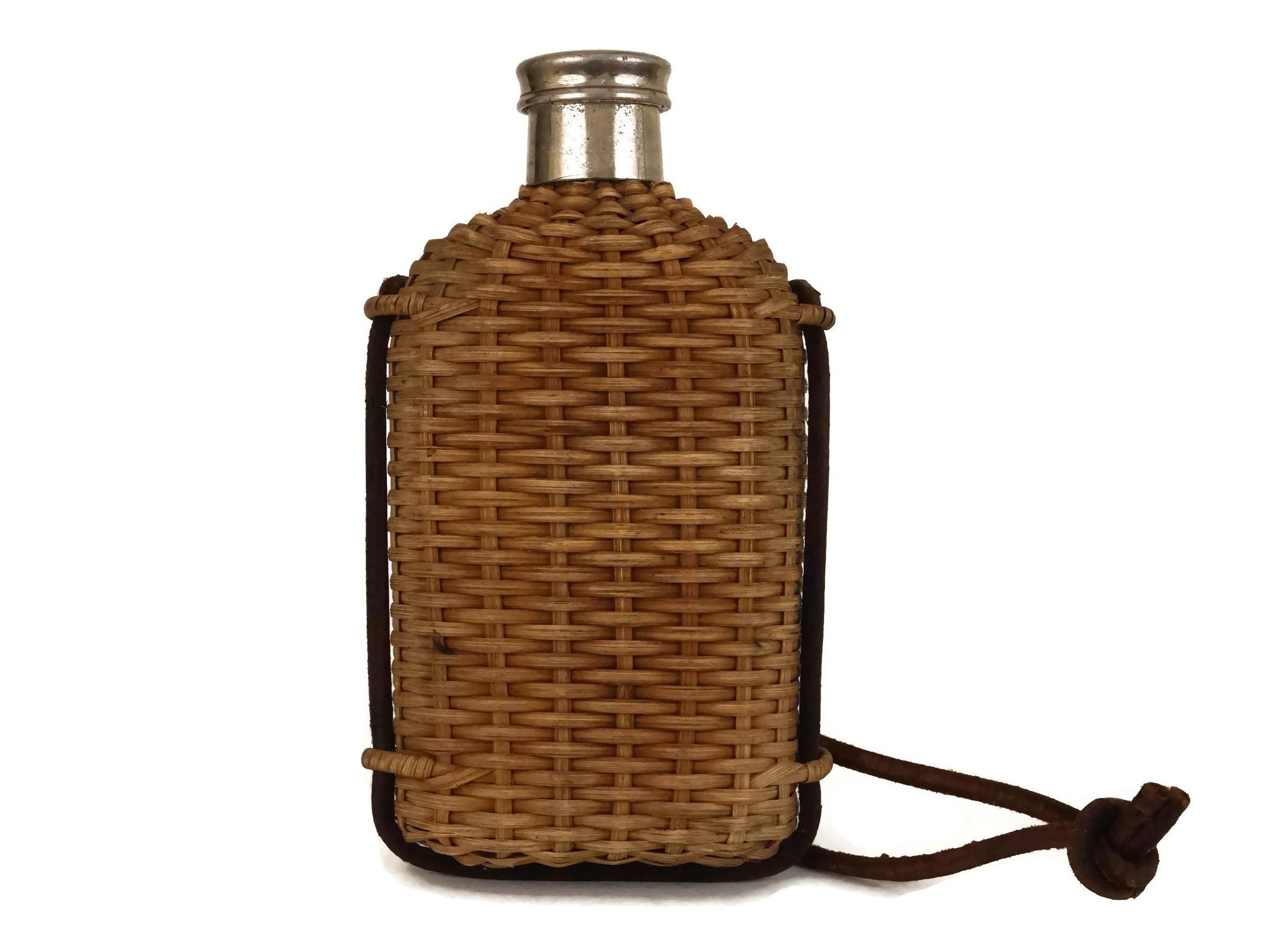 Antique Wicker and Glass Flask with Leather Strap, French Cure Water Bottle