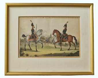 Antique Military Equestrian Gouache Painting, Empire Style Soldiers with Horses Art