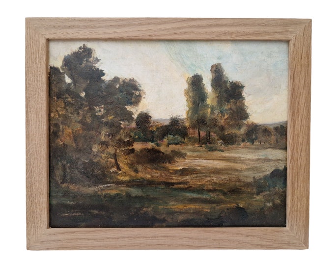 Antique French Country Landscape Oil Painting with Trees and Fields, Small Framed Scenic Art