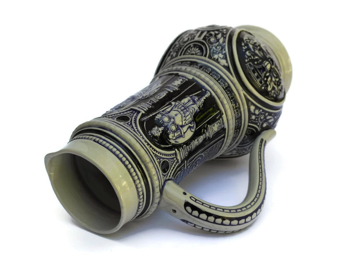 German Beer Stein Pouring Pitcher. Large Blue and White Ceramic Beer Jug.