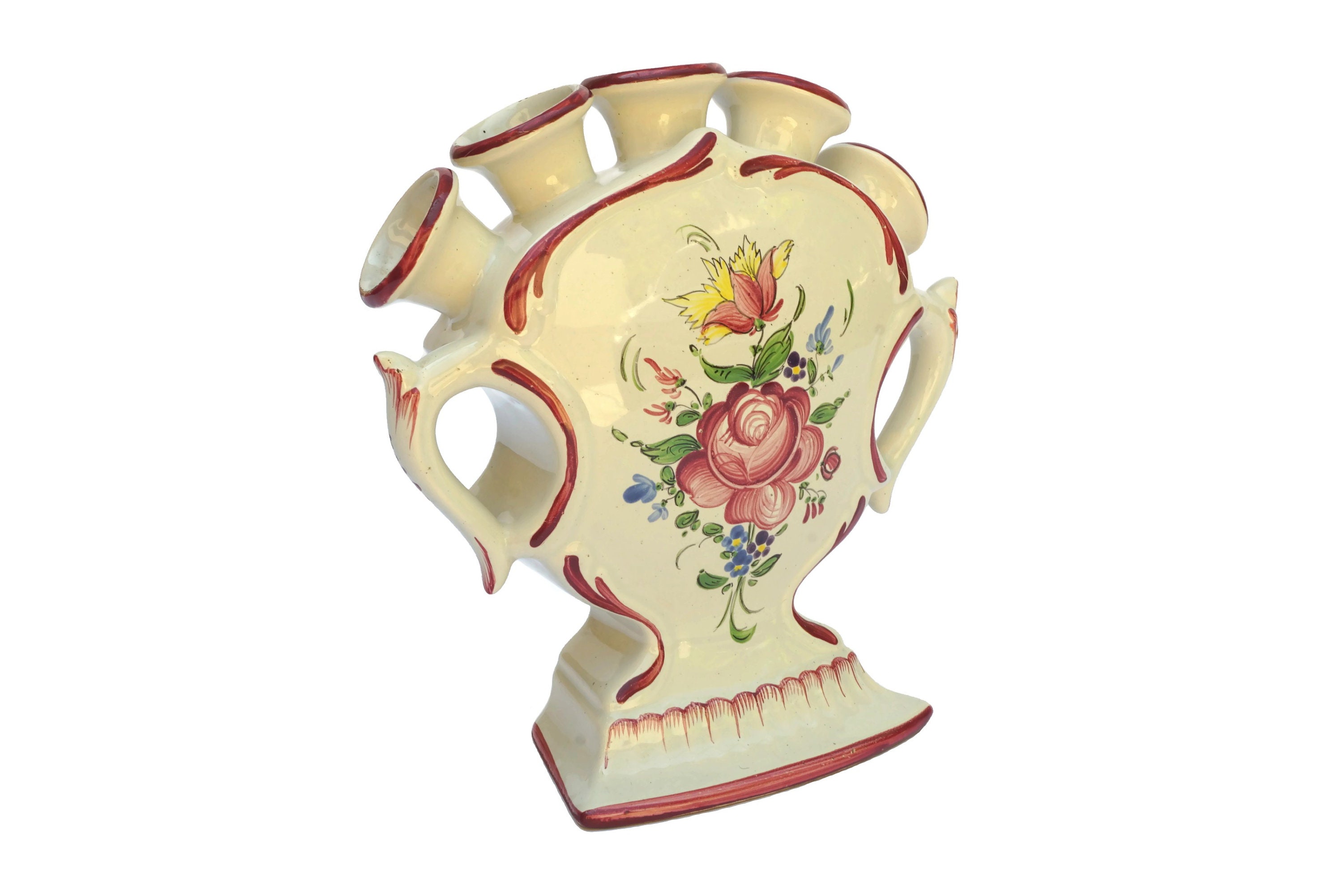 French Ceramic Tulip Vase, Hand Painted Pottery Flower Holder