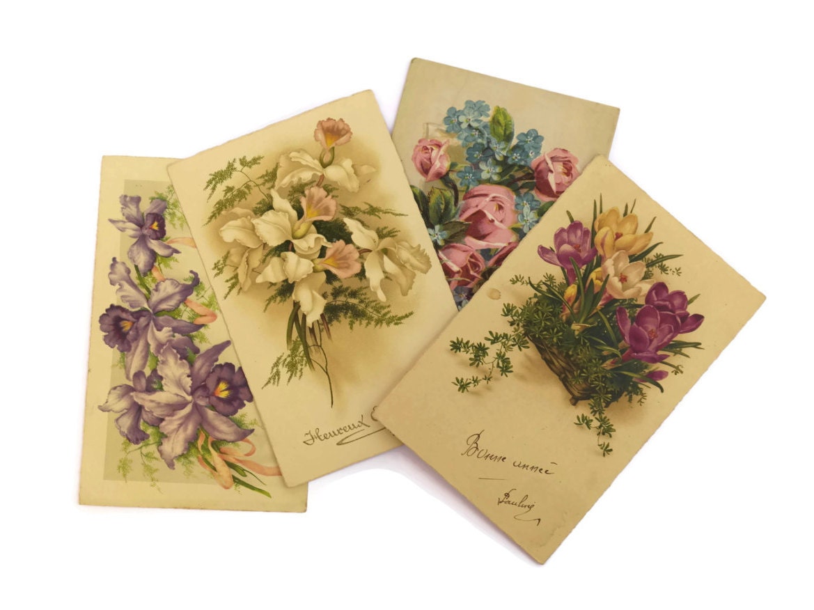 Vintage Flower Postcards. Romantic French Floral Art Cards. Vintage