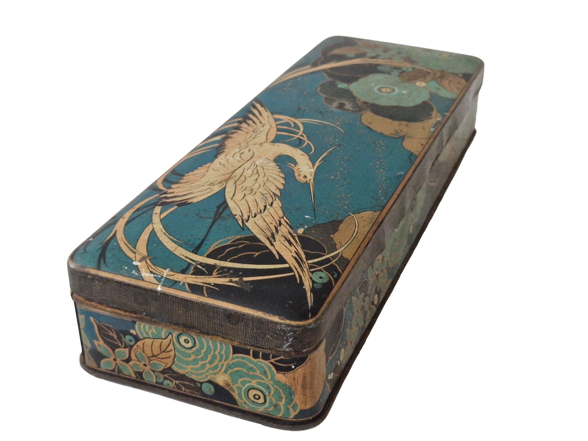 French Candy Tin Box with Art Deco Flowers and Crane Bird, Teal and