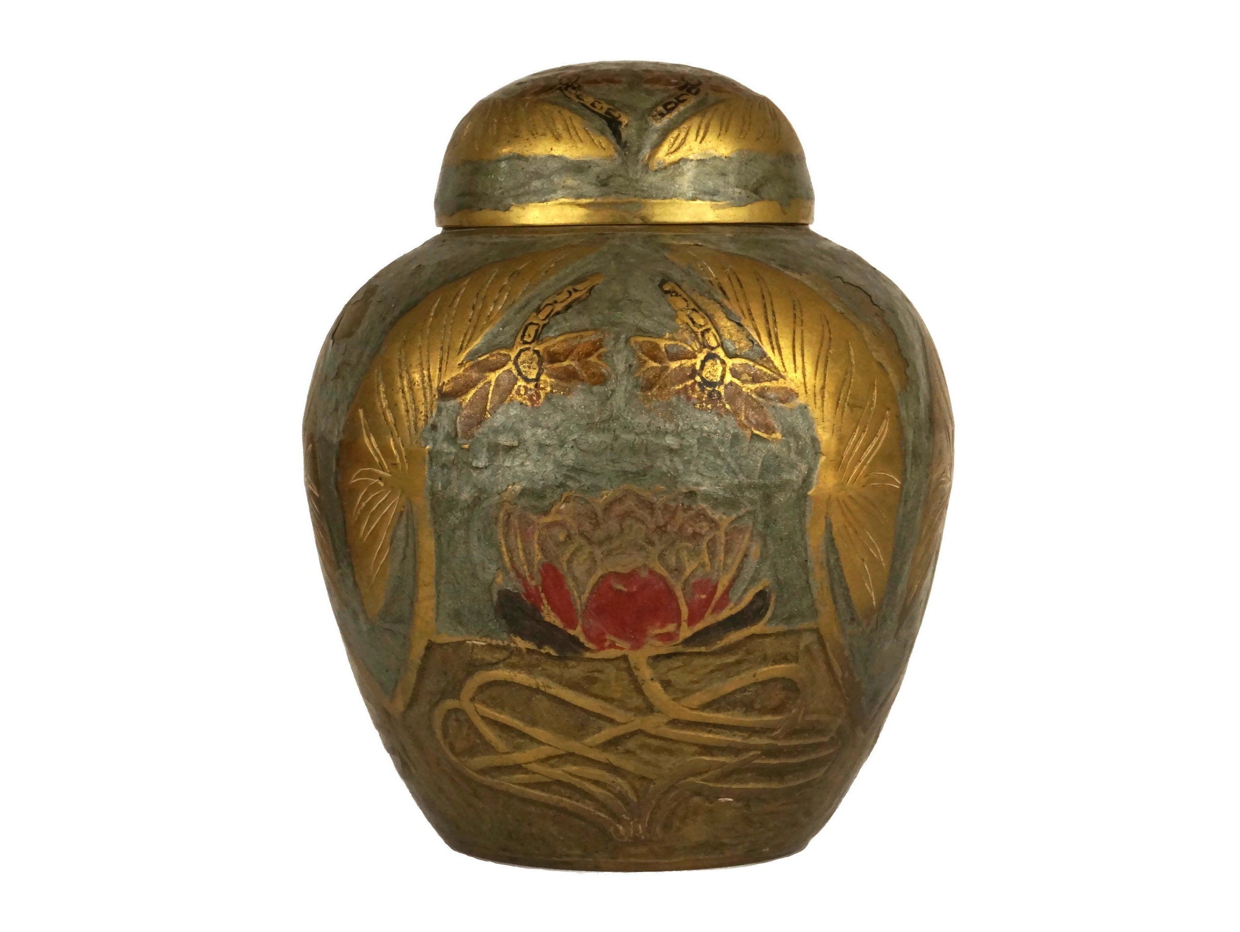 Cloisonne Enamel and Brass Ginger Jar, Art Nouveau Water Lily and