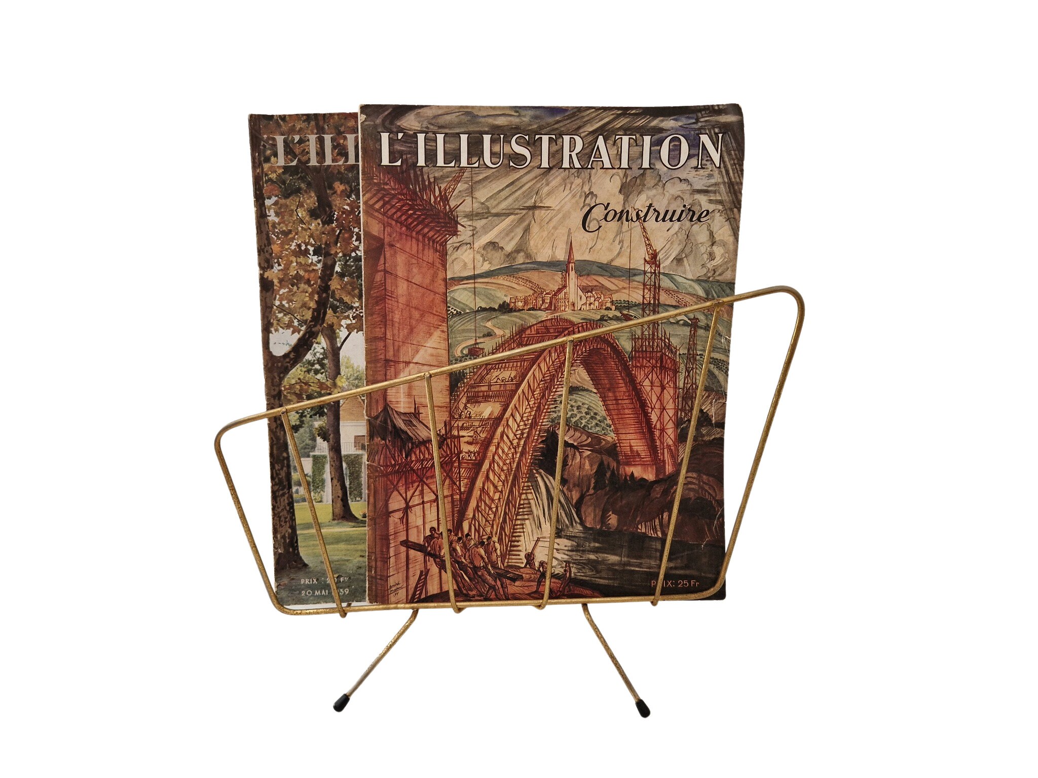 1950s Asymmetric Metal Magazine Holder, Mid Century French Newspaper Rack