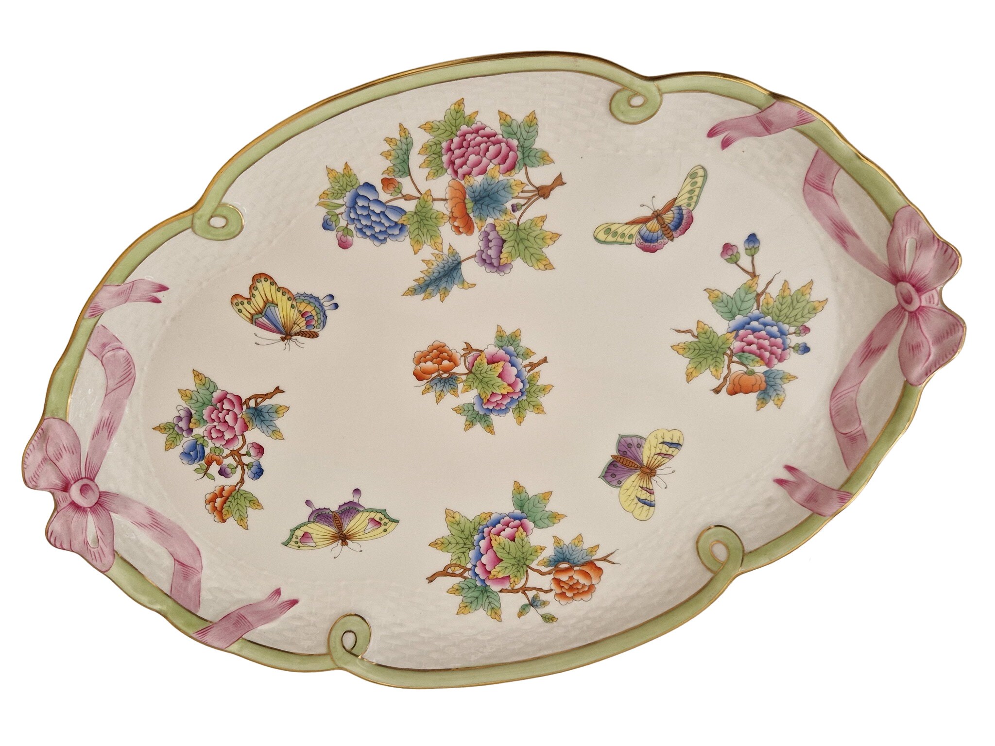 Herend Porcelain Queen Victoria Ribbon Tray, Hand Painted Decorative