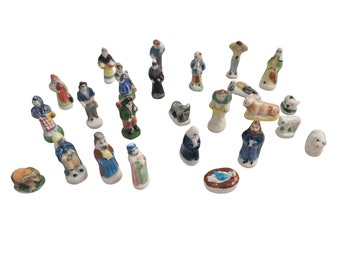French Feves Christmas Nativity Set, 25 Ceramic Miniature Figurines