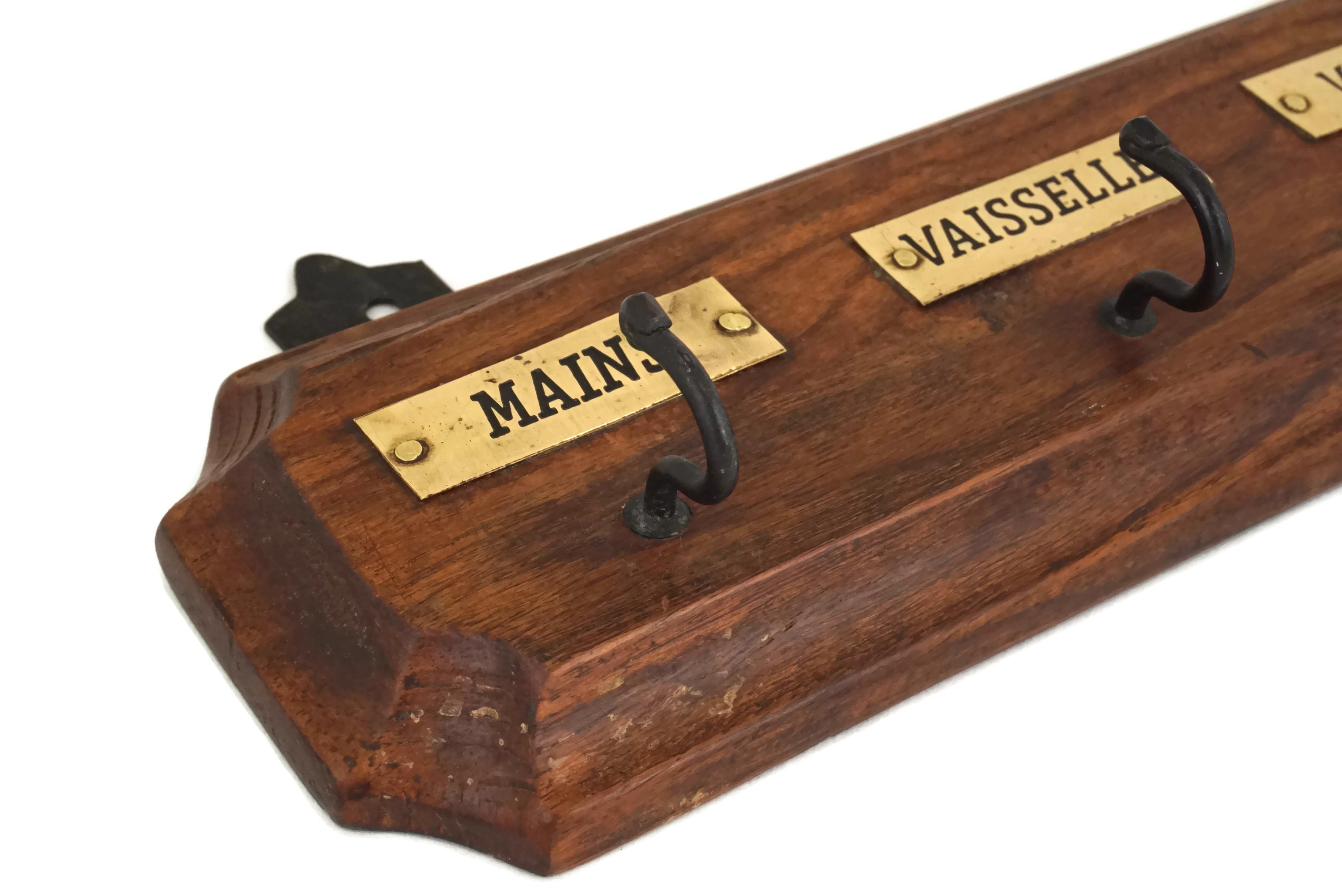 Vintage French Dish Towel Holder, Wood and Brass Kitchen Rack, Country