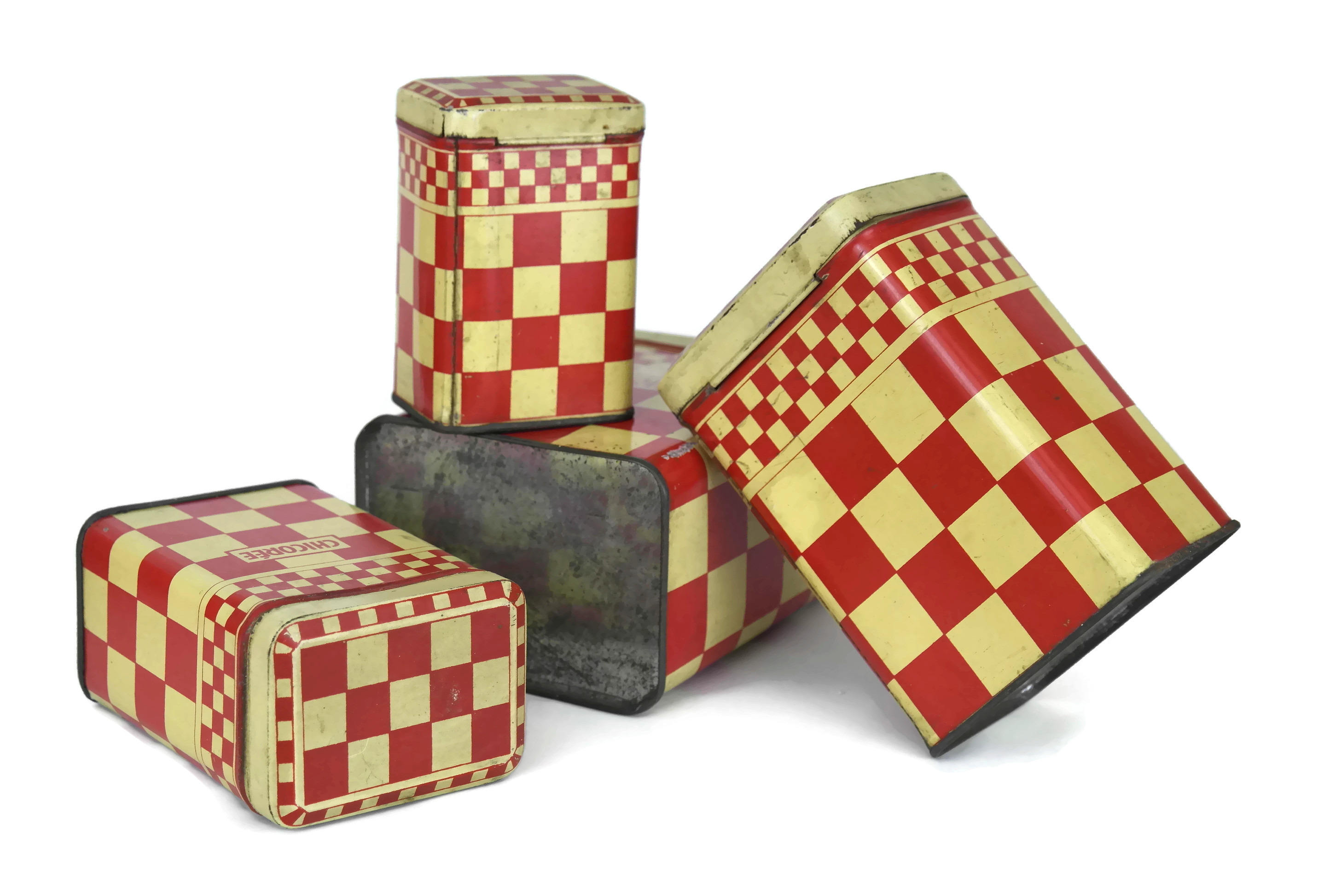 French Vintage Red Kitchen Canisters. Set of 4 Red Checkerboard