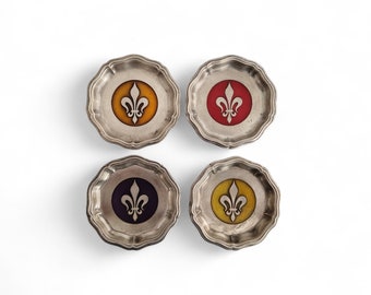 French Fleur de Lys Drink Coasters, Set of 4, Pewter and Enamel, Cocktail Bar Gifts from France