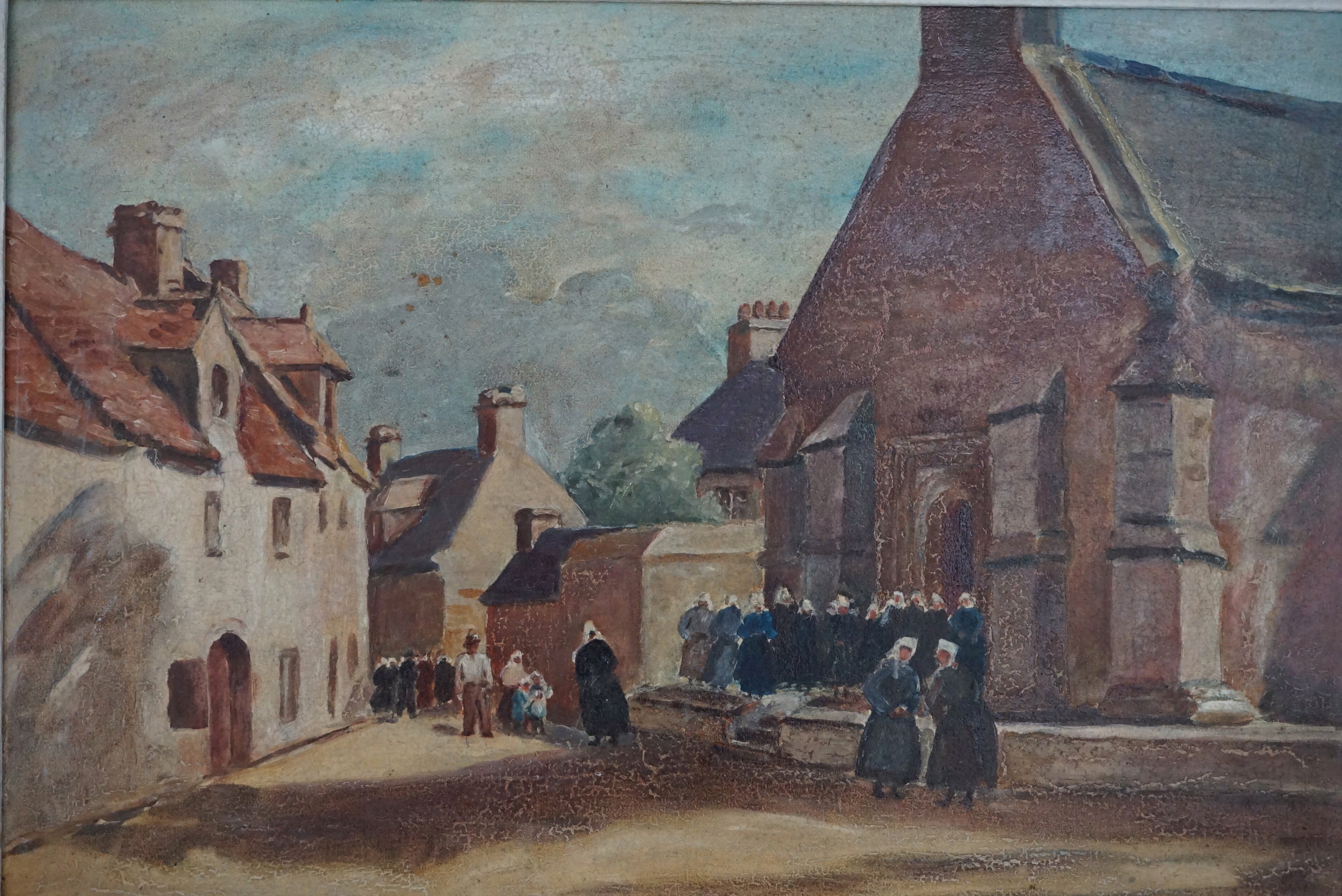 RESERVED for Carrie. French Village and Church Painting, Framed