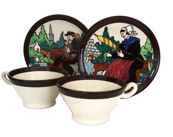 Quimper Pottery Breakfast Set by Georges Renaud, French Breton Faience Cups and Plates