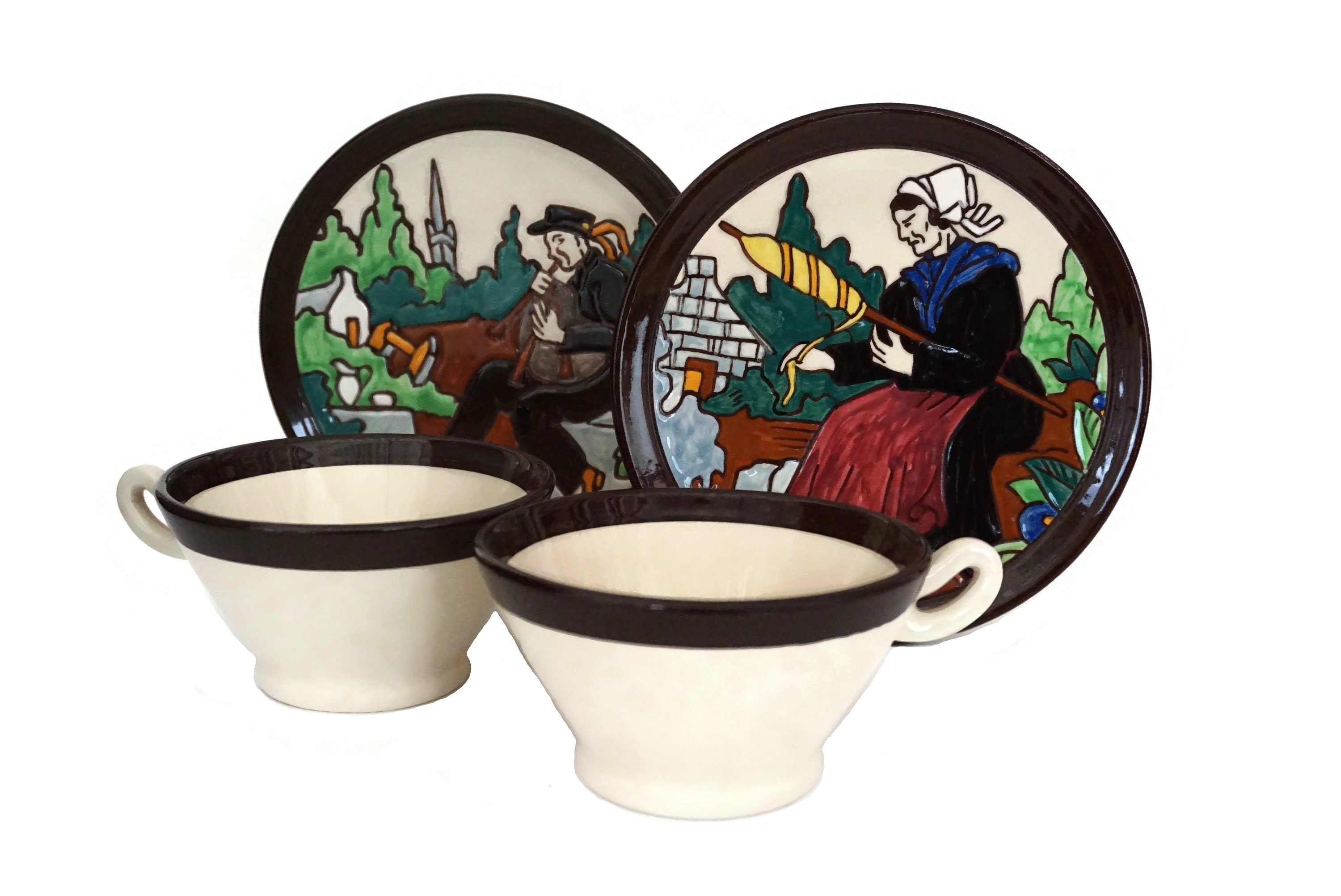 Hb Quimper Pottery Cup & Plate Pair, Georges Renaud Français Breton Faience Breakfast Set Pour 2