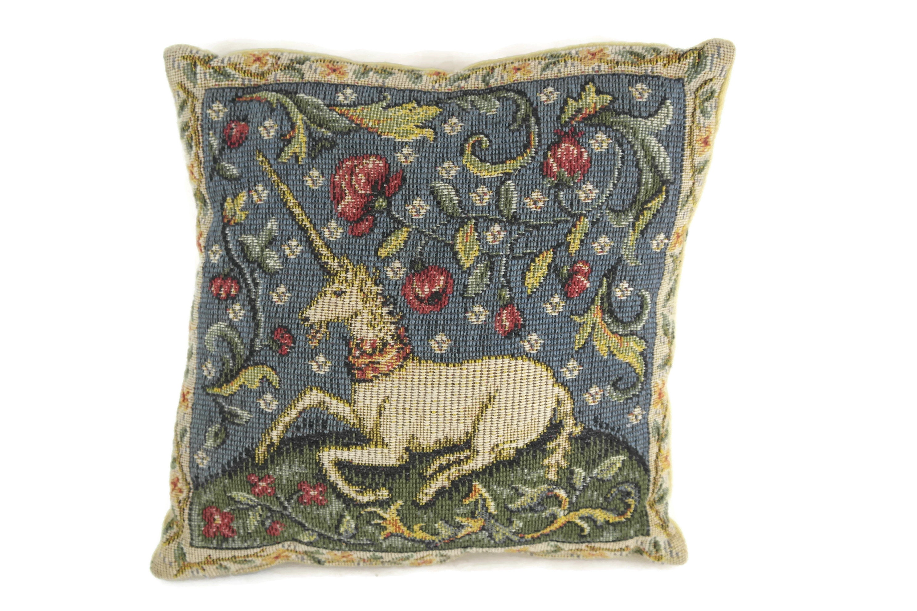 Vintage French Tapestry Pillow with Unicorn and Roses. Small Pin