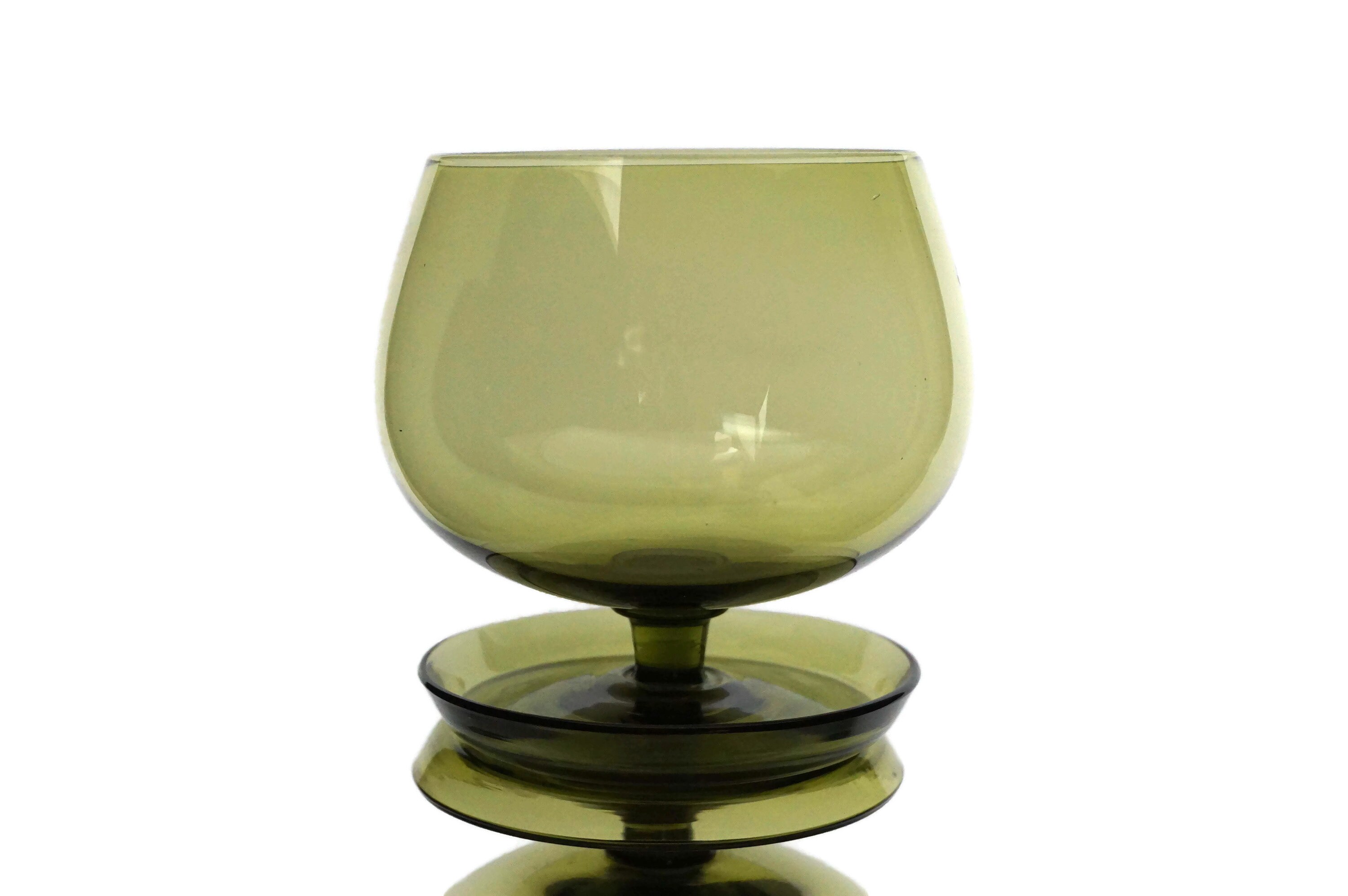 Green Crystal Brandy Snifter Glasses Pair, Mid Century Barware Set